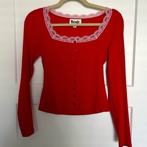 Rouje EUGENE top - Red square neck w/pink lace trim Size 34 FR/2 US EUC